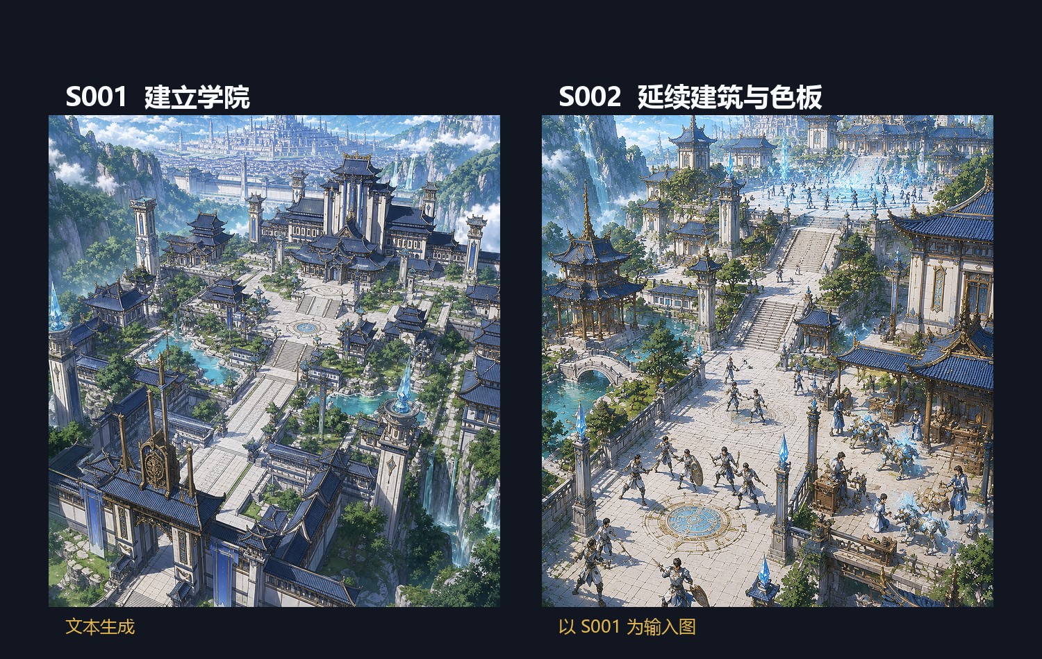 同一学院的两个连续环境镜头:建筑和色板被前一张图继续约束